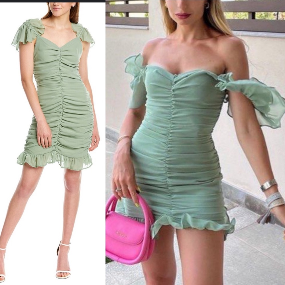 Zara Ruffled Ruched Flutter Off the Shoulder Mini Dress in Sage Light Green - Picture 15 of 15